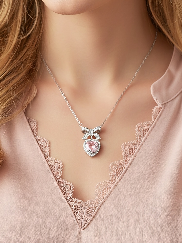 damski naszyjnik ze stopu metali w kształcie serca z kokardką, dostępny w kolorze białym i różowym, idealny na Walentynki 2026 - $11.99 –P1