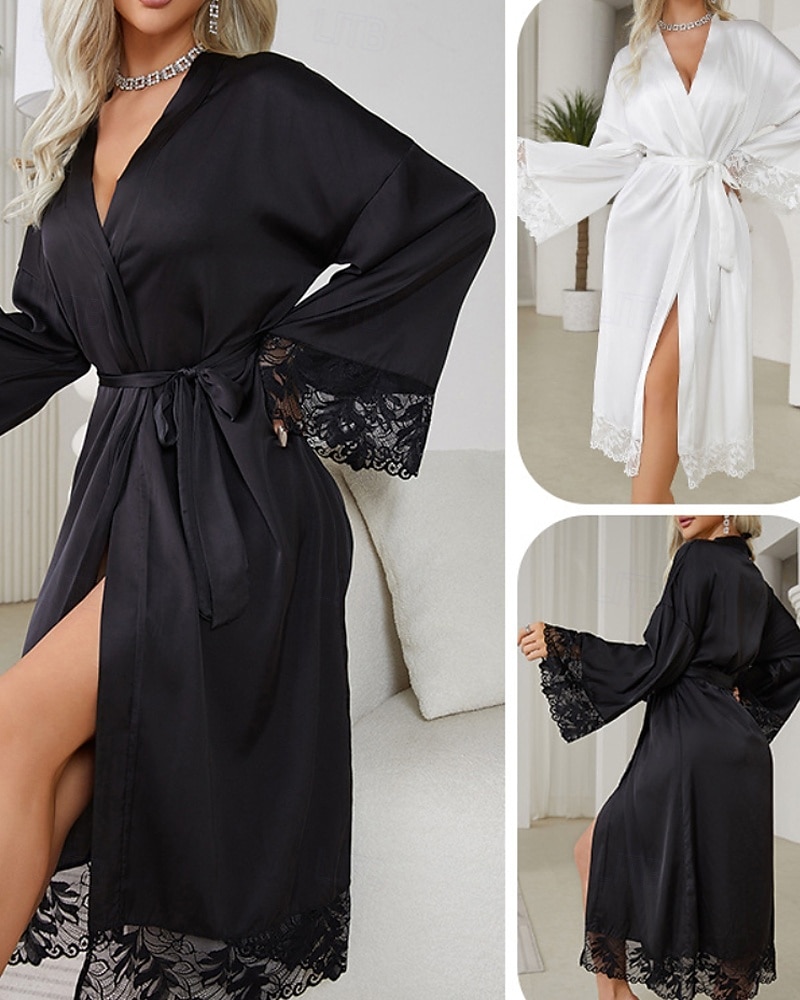 Femmes Robe Occasionnel Doux Satin Couleur Unie Dentelle Quotidien Maison Lit manche longue Col en V Noir Blanche Été Coupe régulière de 2026 ? $31.99 –P1