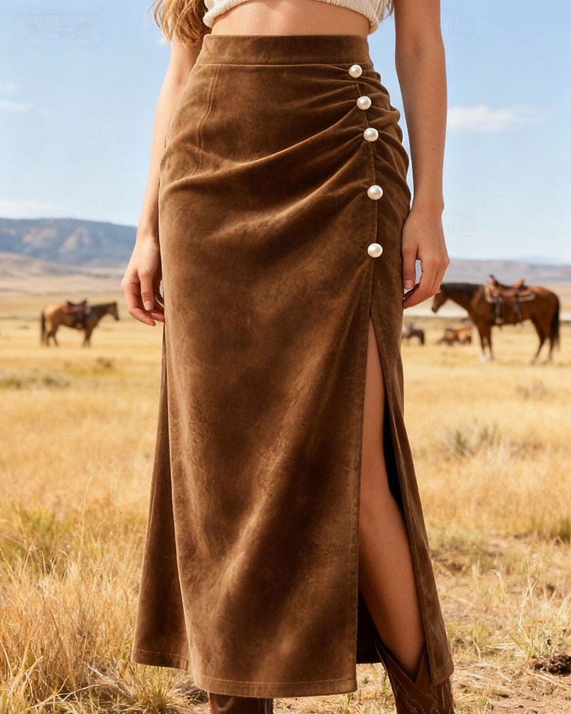 Women's Elegant Fashion Casual Maxi High Waist Skirts Plain Split Ends Micro-elastic Daily Street Brown Fall 2026 - $39.99 –P1