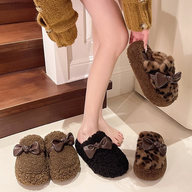 Varme bomullstøfler med tykk såle og sløyfe, plysjtøfler med lukket tå for kvinner, innendørs og utendørs, pelskledde slip-on-sko med ekstra fleece 2026 - $18.99 –P2