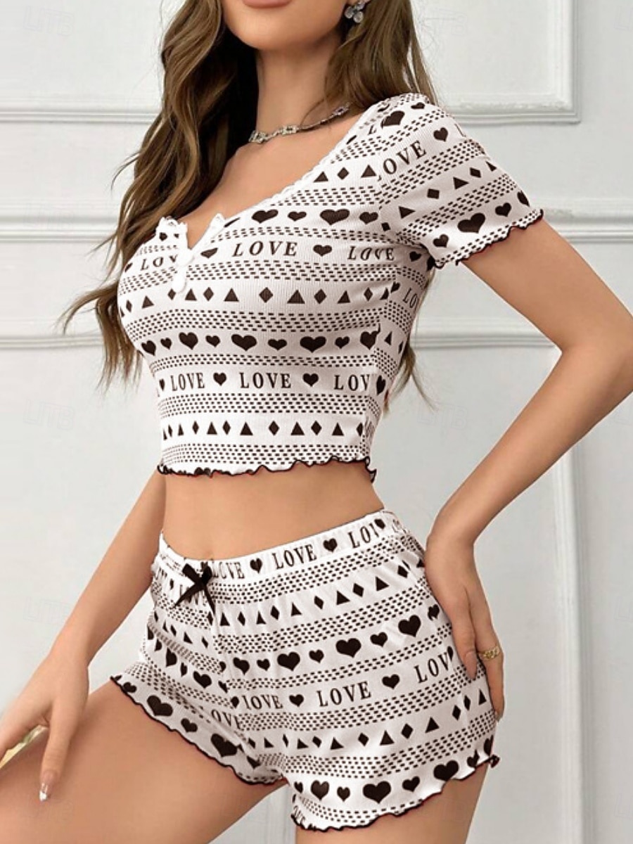 Per donna Set Pigiama Casual Comfort Cuore Elastico in vita Shorts Quotidiano Casa Manica Corta Scollo a V Nero Rosso Estate Primavera Vestibilità aderente del 2026 a $21.99 –P2