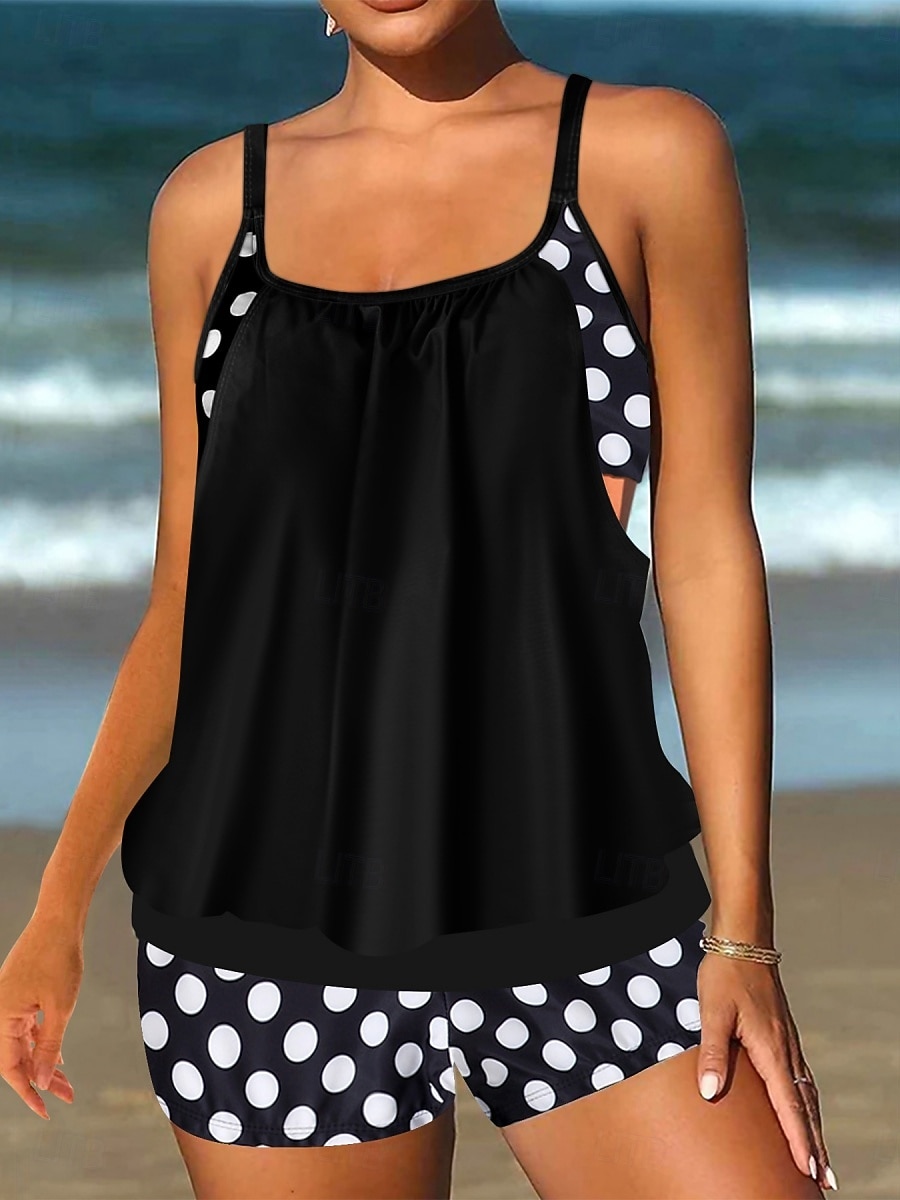 בגד ים טנקיני 2 חלקים לנשים עם חצאיות מחטב בטן מותן גבוהה שקוף בגד ים חופים עם פסים נקודתיים וצווארון U ללא שרוולים 2026 - $33.99 –P1
