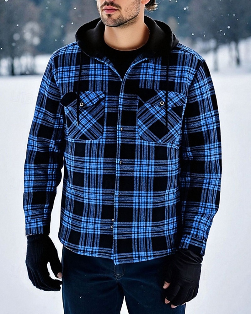 Herren Wintermantel Hemdjacke Fleecejacke Freizeitjacke Lässig Täglich Thermowarm Tasche Herbst Winter Karomuster Streetwear Täglich Mit Kapuze Regulär Blau Schwarz Weiß Rote Dunkelgrün Jacken 2026 - $31.99 –P2