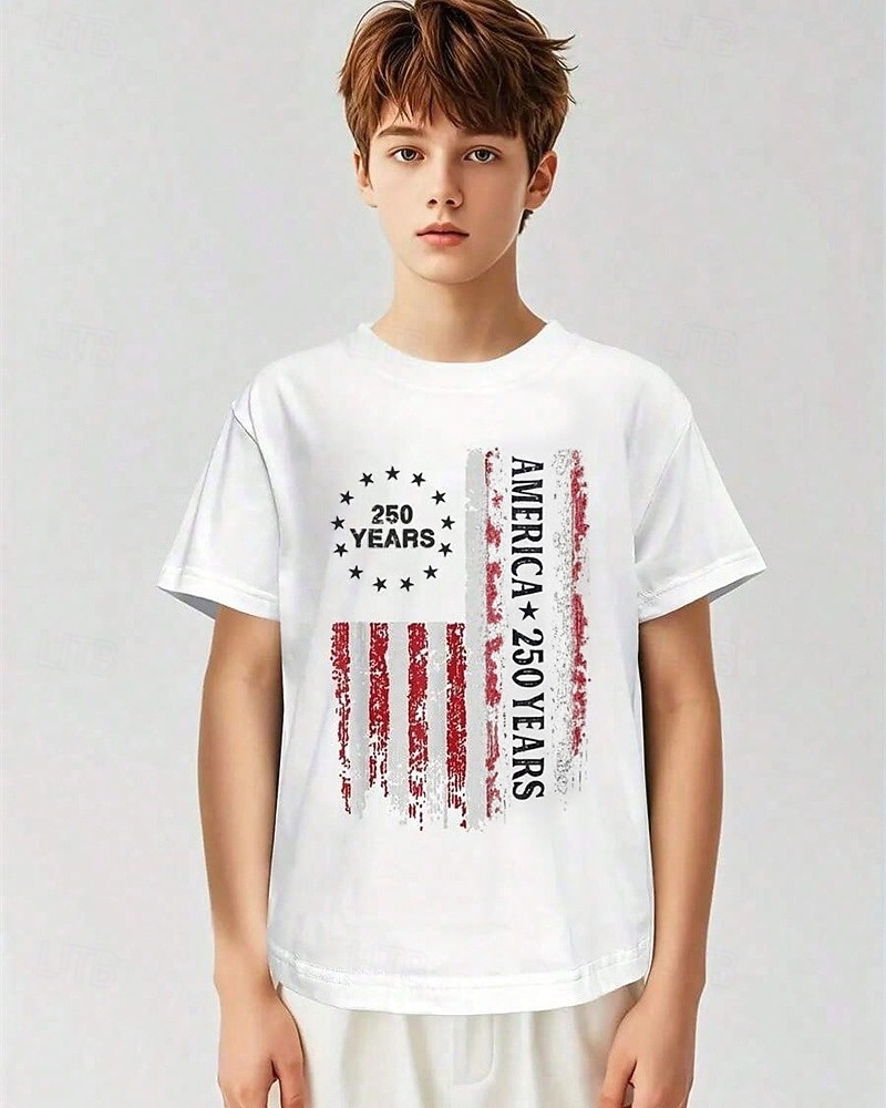 100% Baumwolle Kinder Jungen Schwarz Weiß Grafik USA Flagge 250-jähriges Jubiläum T-Shirt Bluse Rundhalsausschnitt Kurzarm Outdoor Alltagskleidung Mode Streetwear Designer Drucken Sommer 2026 - $20.99 –P10