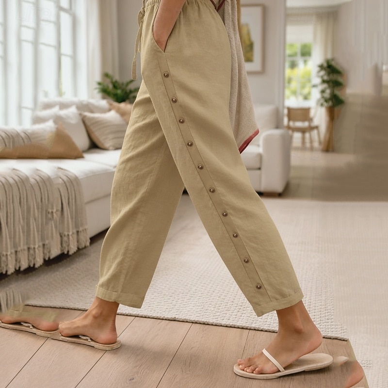 Women's Summer Pants 100% Cotton Pants Trousers Vacation Streetwear Casual Full Length Medium Waist Solid Color Drawstring Pocket Side Button Comfortable Breathable Inelastic Daily Outdoor Street 2026 - $29.99 –P6