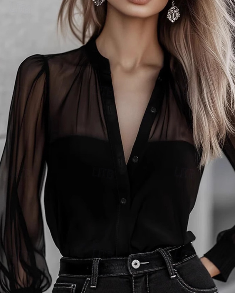 Жен. Рубашка Elegant Атласный верх Блуза Пэчворк Сетка Полотняное плетение Стиль Длинный рукав V-образный вырез Обычные топы Повседневные Праздники На выход Черный Лето Весна 2026 - $32.99 –P3