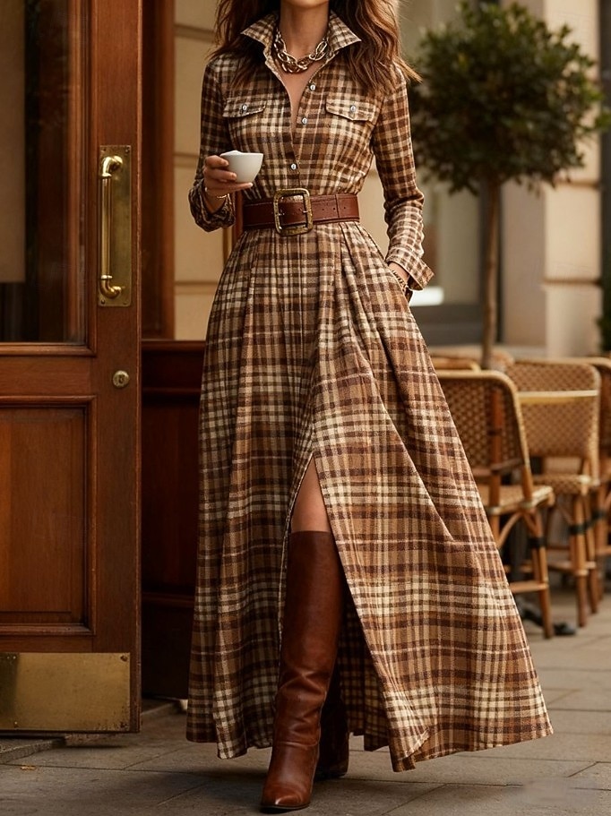 Women's Maxi Dress Shift Dress Vacation Casual Boho Daily Regular Fit Plaid Long Sleeve Shirt Collar Blue Red Orange Green Spring Fall Winter