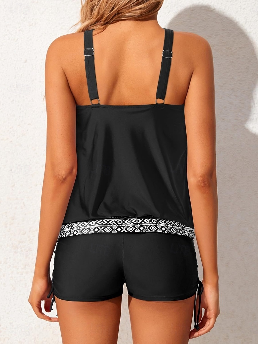 Tankini de 2 piezas para mujer pantalones cortos control de abdomen talle alto espalda descubierta vacaciones ropa de playa color sólido gráfico cuello en U sin mangas 2026 - $33.99 –P8