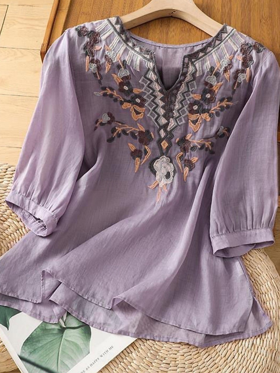 Mujer Blusa Lino de algodón sintético Frunce Bordado Floral Elegante Casual Manga 3/4 Cuello Barco Tops regulares Diario Azul Piscina Blanco Rosa Morado Verde Trébol Verano Primavera 2026 - $19.99 –P11