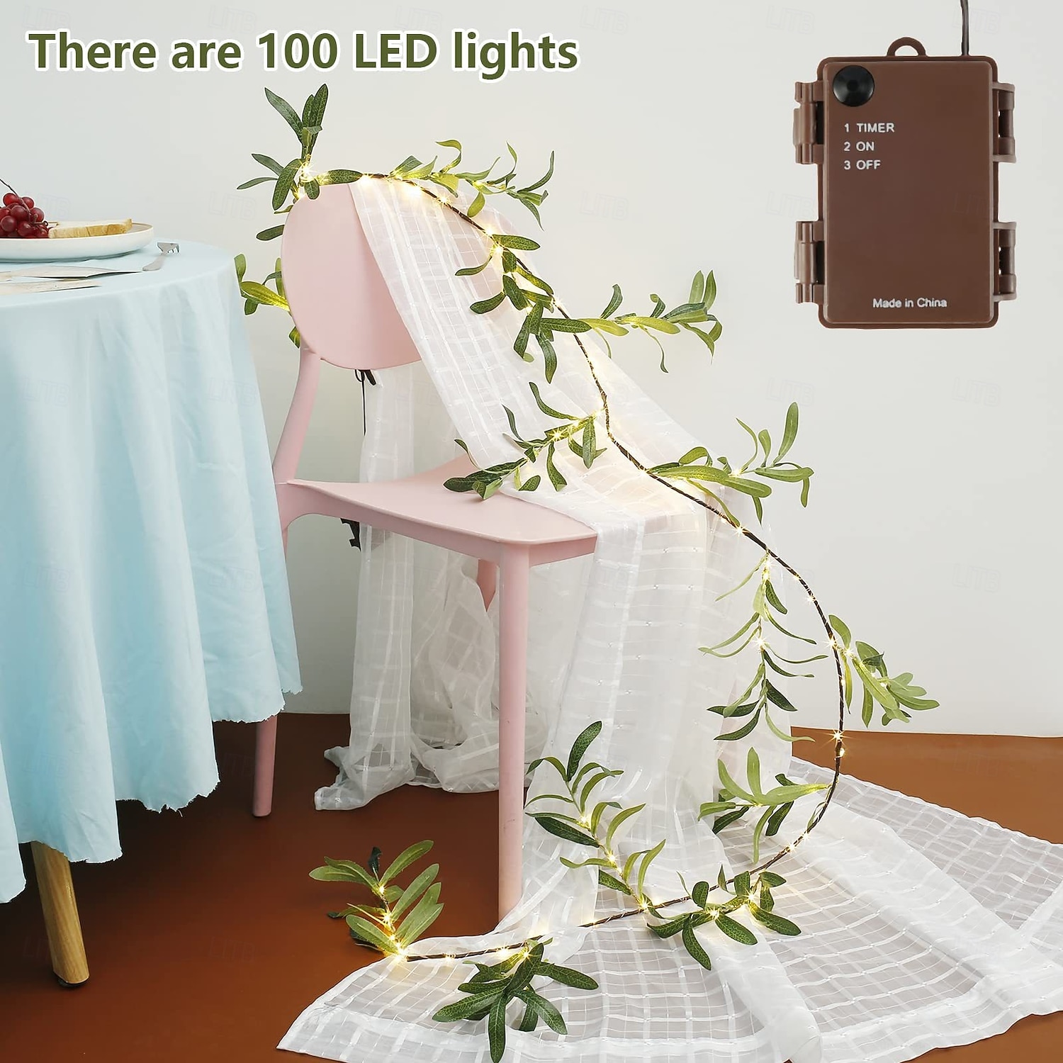 Eucalyptus leaves, olive leaves, simulated leaves, rattan strips, light string, 1.8M-96Leds, AAA waterproof timed battery box, holiday wedding party, indoor and outdoor atmosphere decoration props 2026 - $25.99 –P7