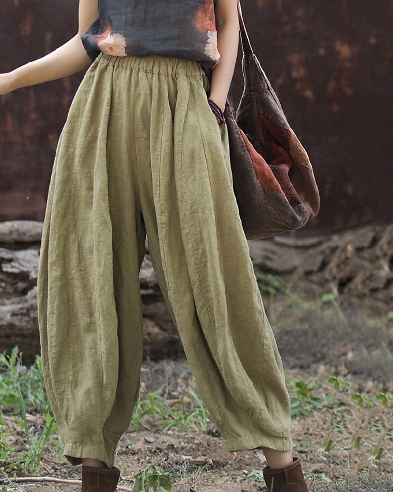 Pantaloni da donna in lino biologico con elastico in vita e tasche a lanterna del 2026 a $49.99 –P7
