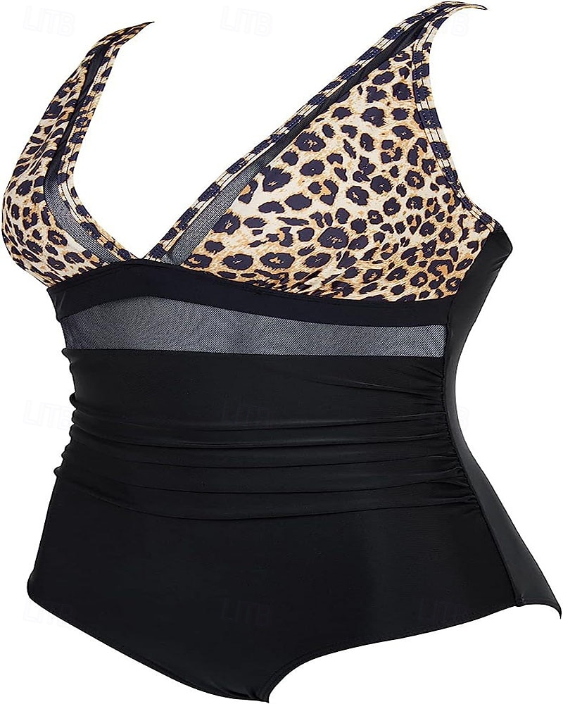 Damen Badeanzug Einteiler Bikini Shorts Bademode Netz Rückenfrei Urlaub Strandbekleidung Leopard Blätter V Ausschnitt Ärmellos Badeanzüge 2026 - $21.99 –P7