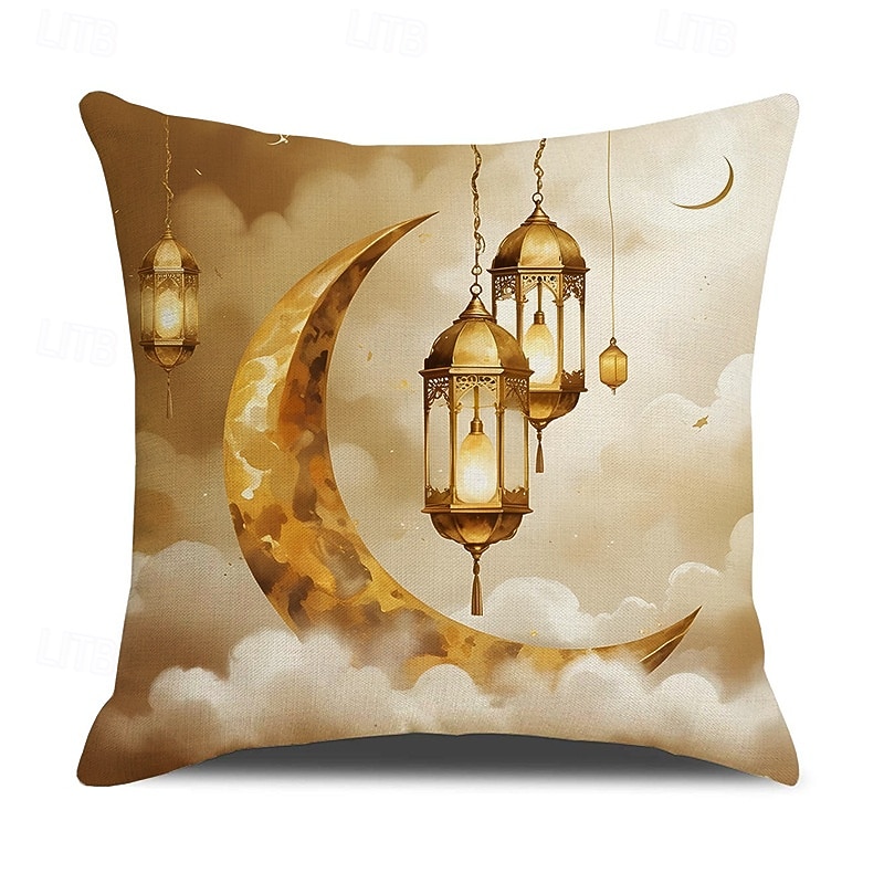 Ramadan Eid Throw Pillow Cover, Gold Crescent Moon & Oil Lamp Print, Ethnic Festival Decor, Sofa Cushion for Living Room and Prayer Room, Holiday Accent Pillow 2026 - $13.99 –P3
