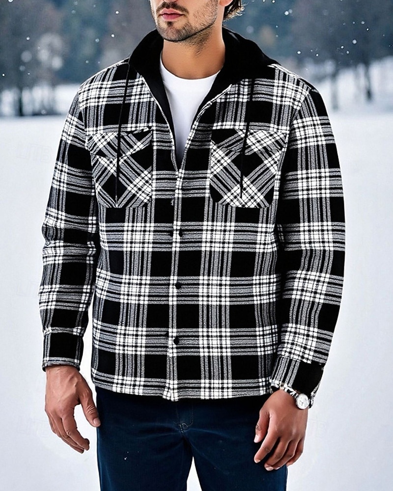 Herren Wintermantel Hemdjacke Fleecejacke Freizeitjacke Lässig Täglich Thermowarm Tasche Herbst Winter Karomuster Streetwear Täglich Mit Kapuze Regulär Blau Schwarz Weiß Rote Dunkelgrün Jacken 2026 - $31.99 –P1