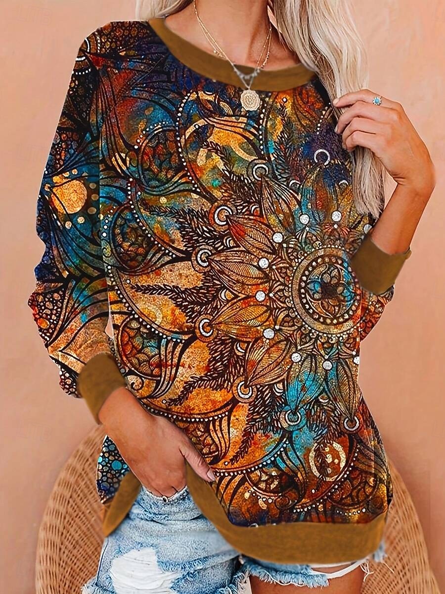 2026年 女性用 プルオーバースウェットシャツ プリント グラフィック トライバル ファッション カジュアル 長袖 クルーネック レギュラートップス ストリート 日常着 ブラウン 秋 冬  コレクション – $27.99 –P1