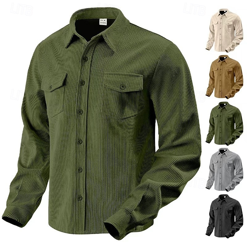 Hombre Camisa Camisa casual Camisa de playa Camisa de Pana Abotonar la camisa Negro Marrón Verde Ejército Albaricoque Gris Manga Larga Color sólido Diseño Diario Vacaciones Bolsillo Ropa Moda Casual 2026 - $36.99 –P1