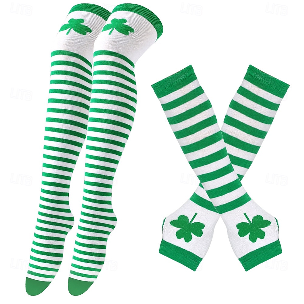 dámská ponožka ke Dni svatého Patrika &sada návleků na ruce, 4dílné podkolenky s potiskem trojlístku a rukavice bez prstů, sváteční doplňky v irsko zelené barvě pro ženy &holky, ideální pro průvody ke 2026 - $19.99 –P3