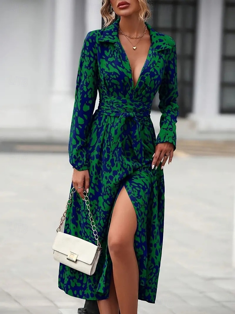 Women's Midi Dress A Line Dress Summer Dress Casual Daily Regular Fit Graphic Leopard Long Sleeve Lapel Navy Fuchsia Green Spring 2026 - $34.99 –P6