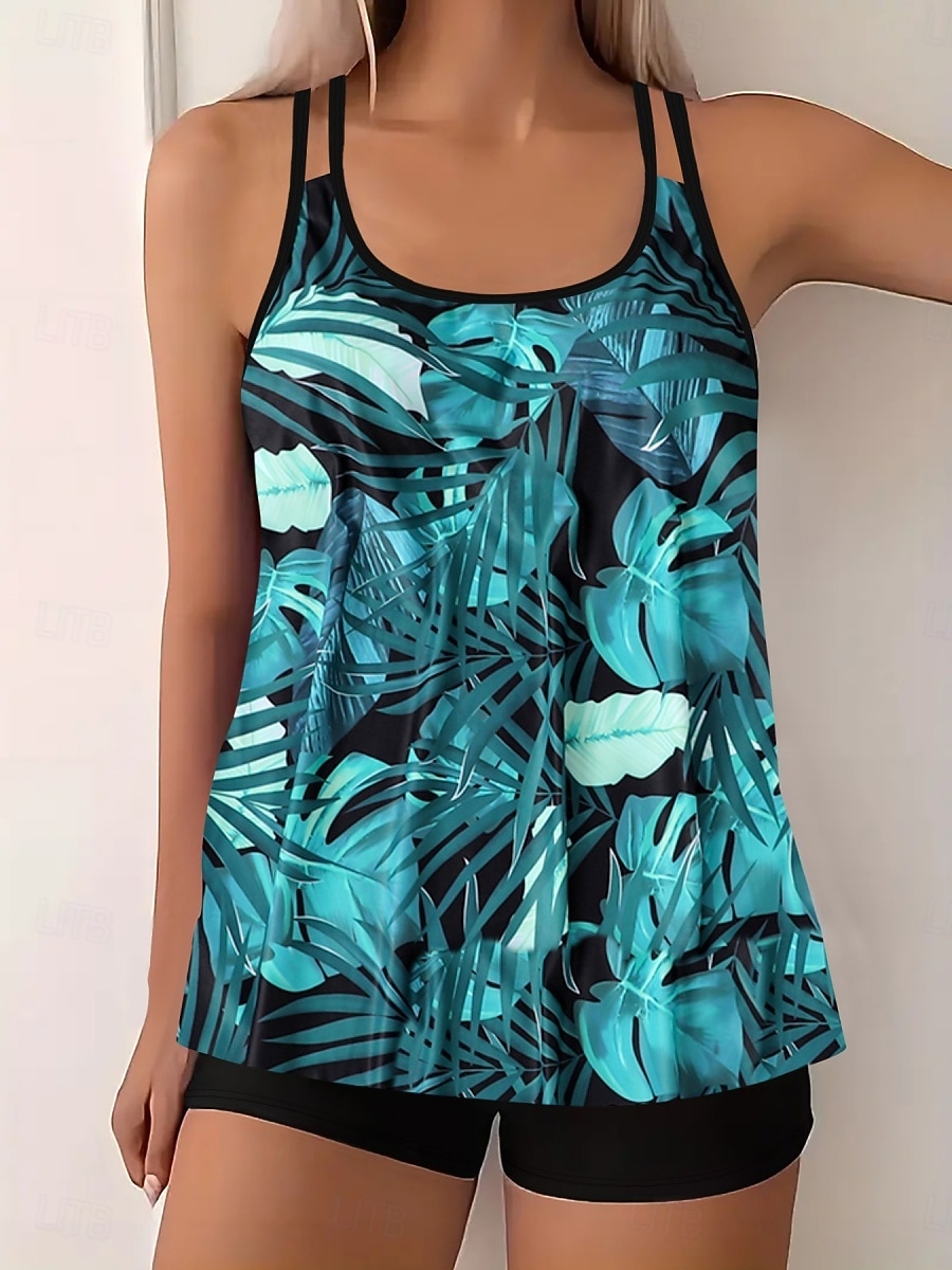 Maillot de bain tankini 2 pièces femme palmiers short contrôle du ventre taille haute slim dos nu vacances plage dégradé géométrique col en U sans manches de 2026 ? $33.99 –P11