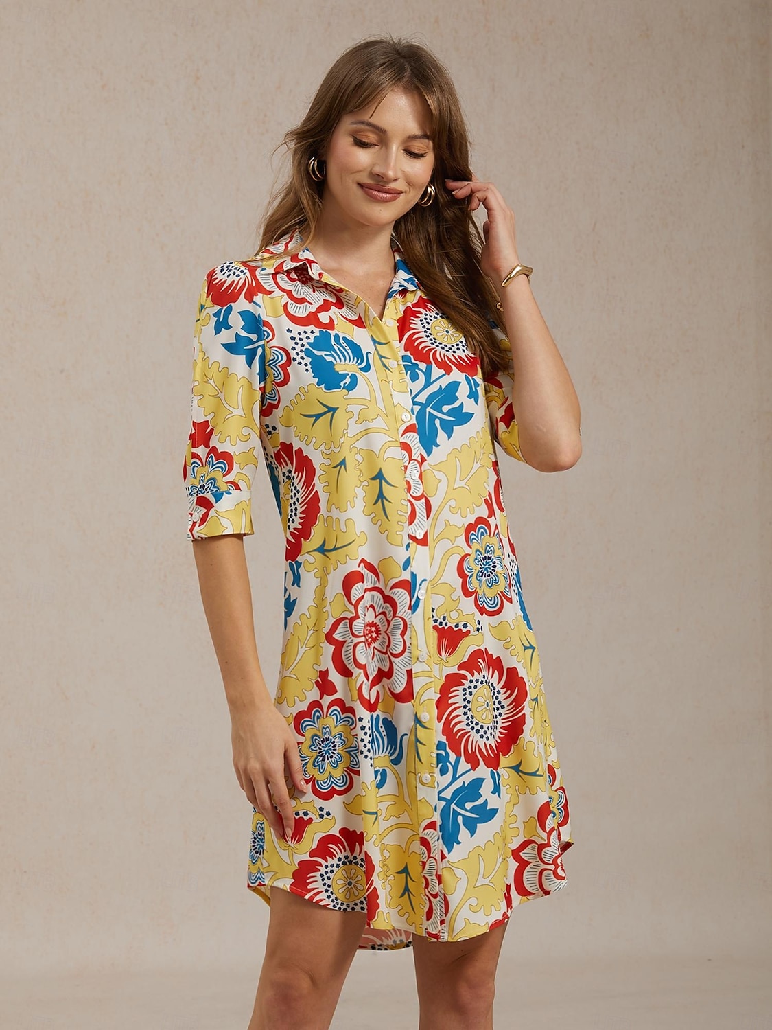 Vacation Satin Yellow Floral Print Shirt Mini Dress 2026 - $91.99 –P6