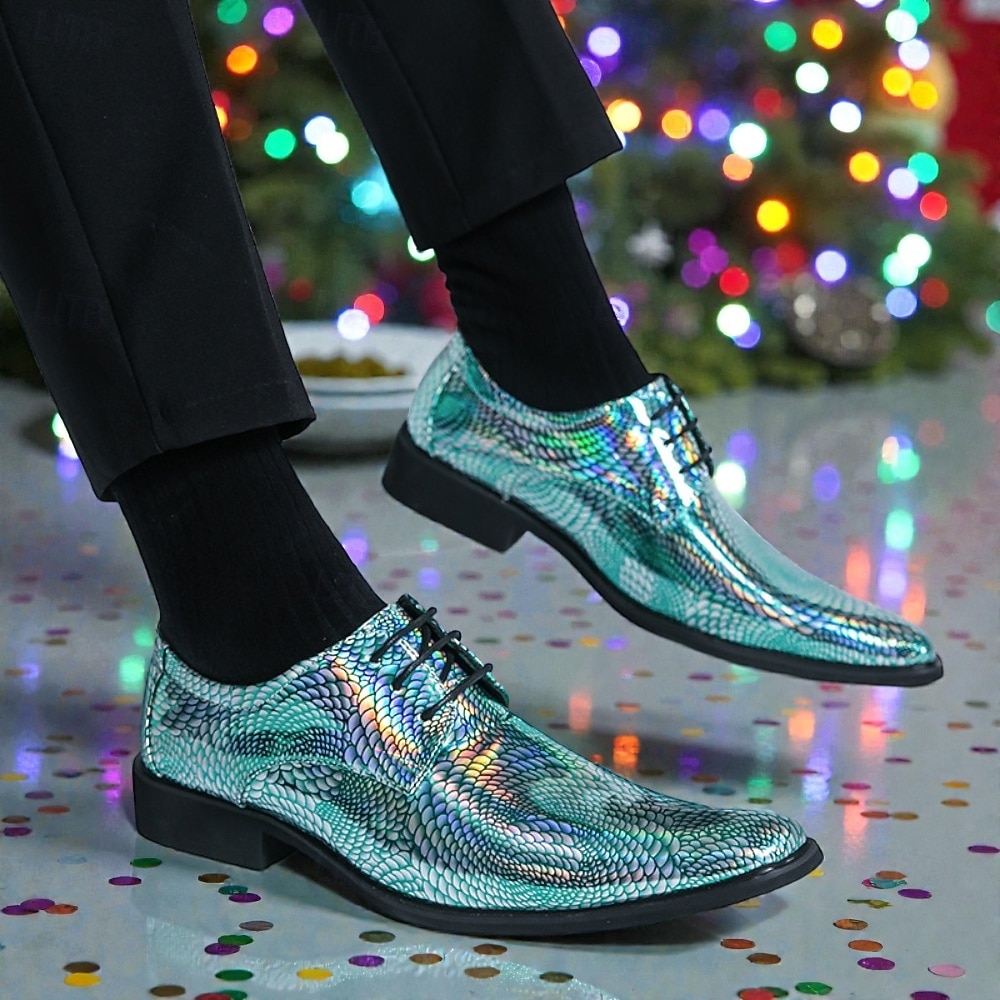 Männer Mardi Gras farbenfrohe schillernde Schlangenprint Anzugschuhe metallic grün und lila Schnürdesign stylisch und mutig ideal für Karneval und festliche Feiern 2026 - $59.99 –P1