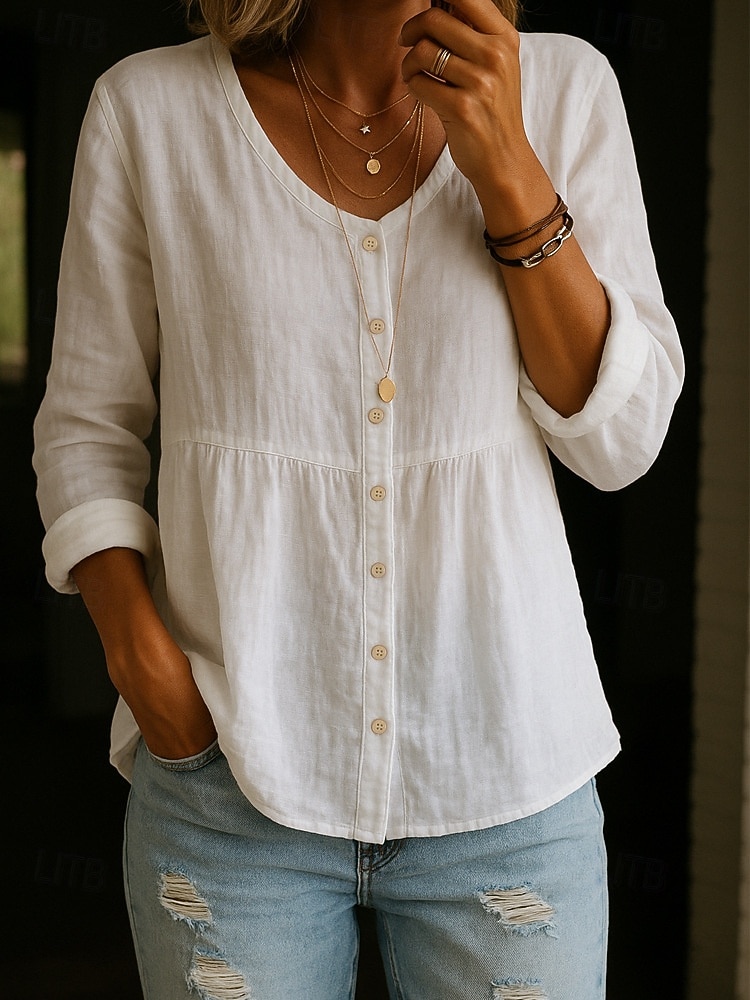 Blusa de Algodón y Lino para Mujeres Botones Color Sólido Elegante Casual Manga Larga Cuello en V Tops Regulares Diario Blanco Amarillo Rosa Verde Verano Primavera Otoño 2026 - $21.99 –P2