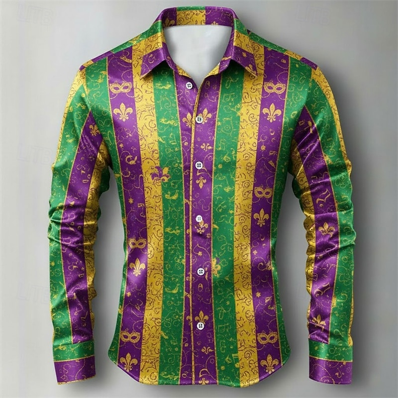 Men's Mardi Gras Carnival Shirt Graphic Striped Mask Satin Shirt – Classic Stripe Festival Style 2026 - $29.99 –P1