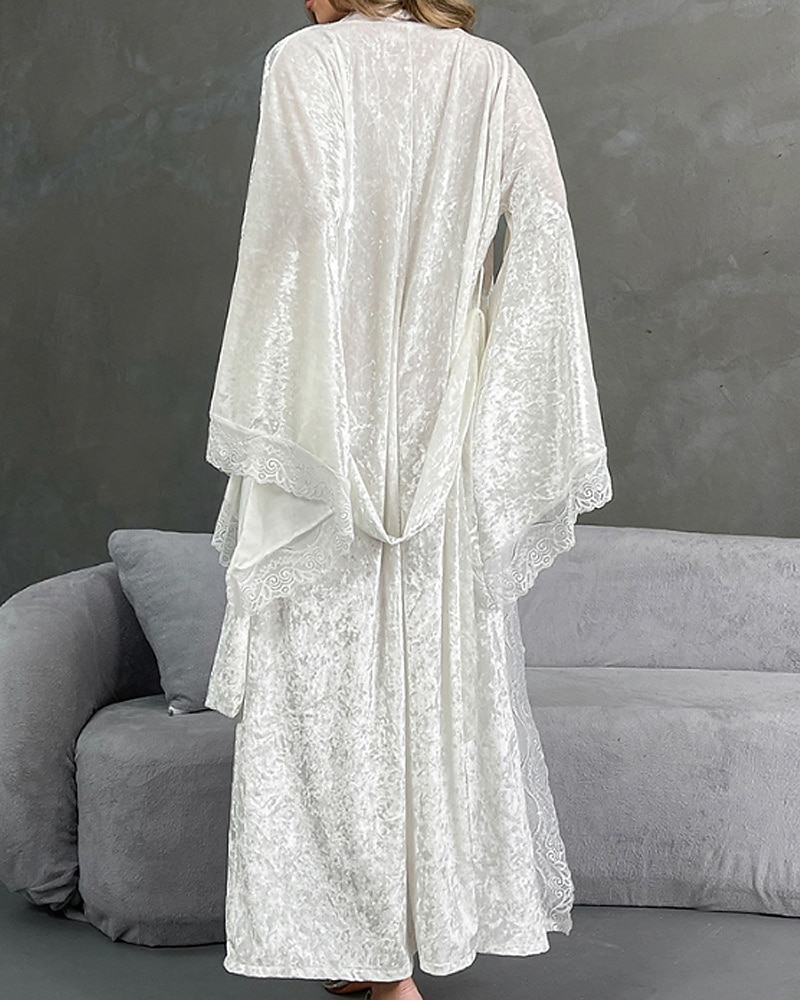 Women's Robe Casual Soft Satin Pure Color Lace Patchwork Daily Home Bed Long Sleeve V Neck Black White Wine Summer Spring Loose Fit 2026 - E£2245.39 –P16