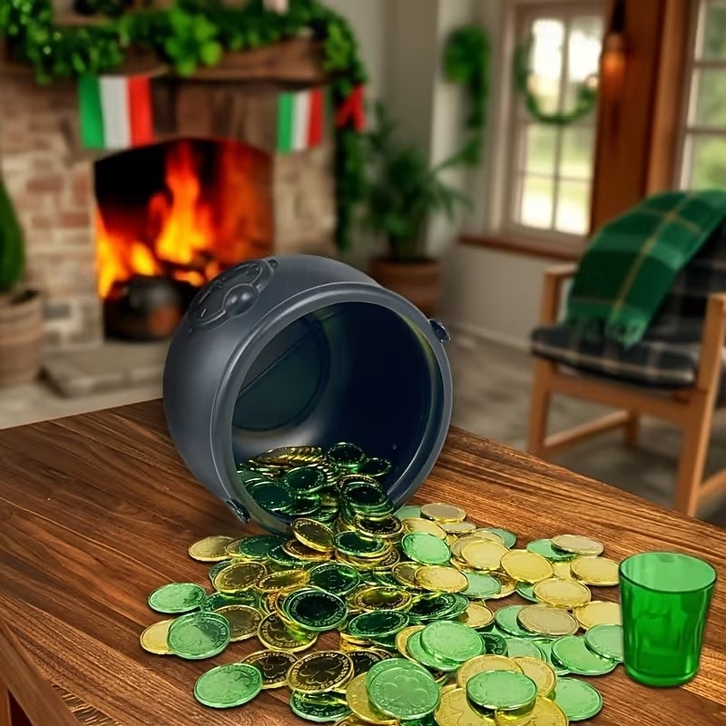 Złote monety na dzień św. Patryka - 100/200 sztuk złotych zielonych monet na szczęście, plastikowe monety koniczyna skrzat, moneta z 3-listną koniczyną do dekoracji i upominków na imprezę 2026 - $26.79 –P8