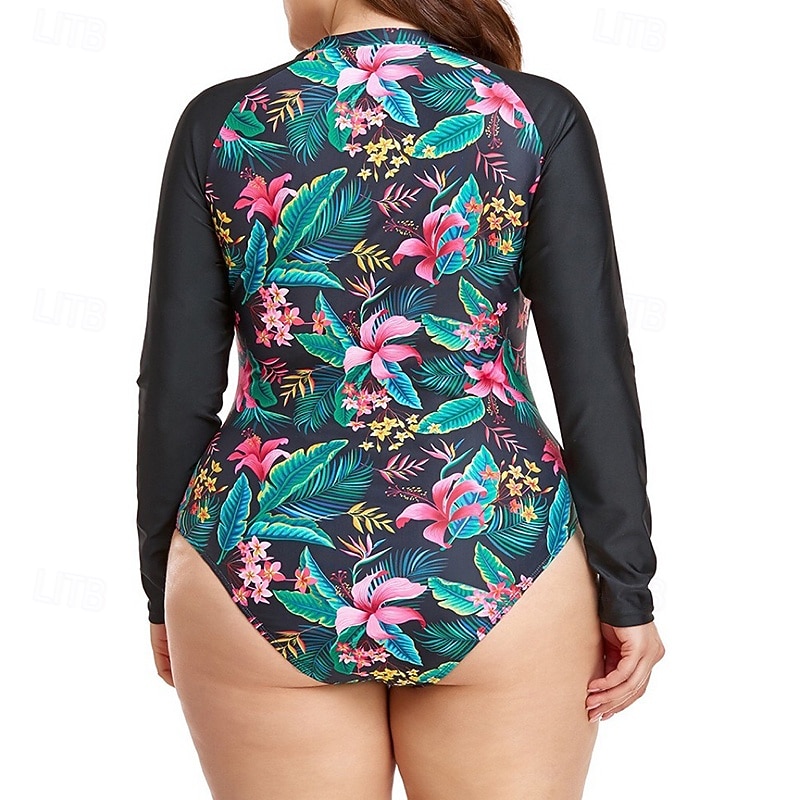 Pentru femei Costum de baie One Pieces Protecție anti-erupții cutanate mărime mare Floral Tropical Inchide fermuarul Protecție UV Elastic Manșon Lung Costume de Baie Surfing Plajă Vacanță Vară 2026 - $27.99 –P9