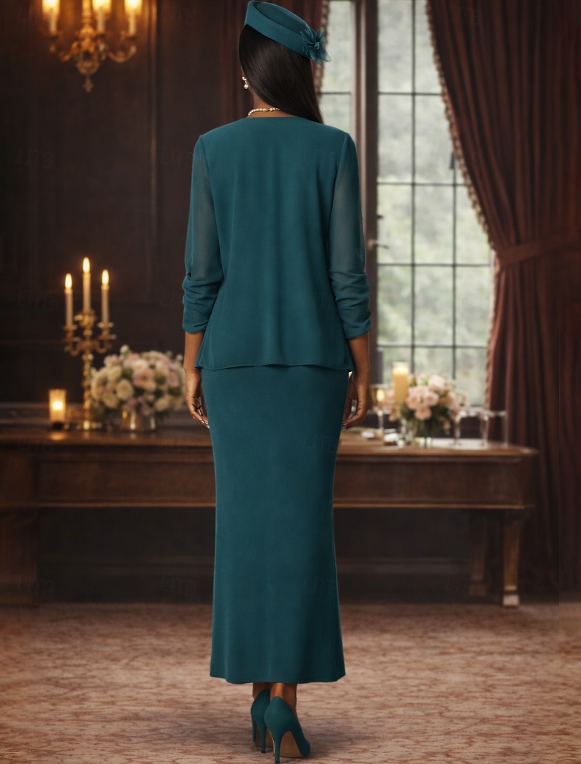 Duas Peças Tubinho Longo Vestido de convidada de casamento Vestido Para Mãe dos Noivos Manga Longa Scoop pescoço Elegante Formal Convidado do casamento Chiffon Embrulho incluido com Cor Única de 2026 por $142.99 –P2