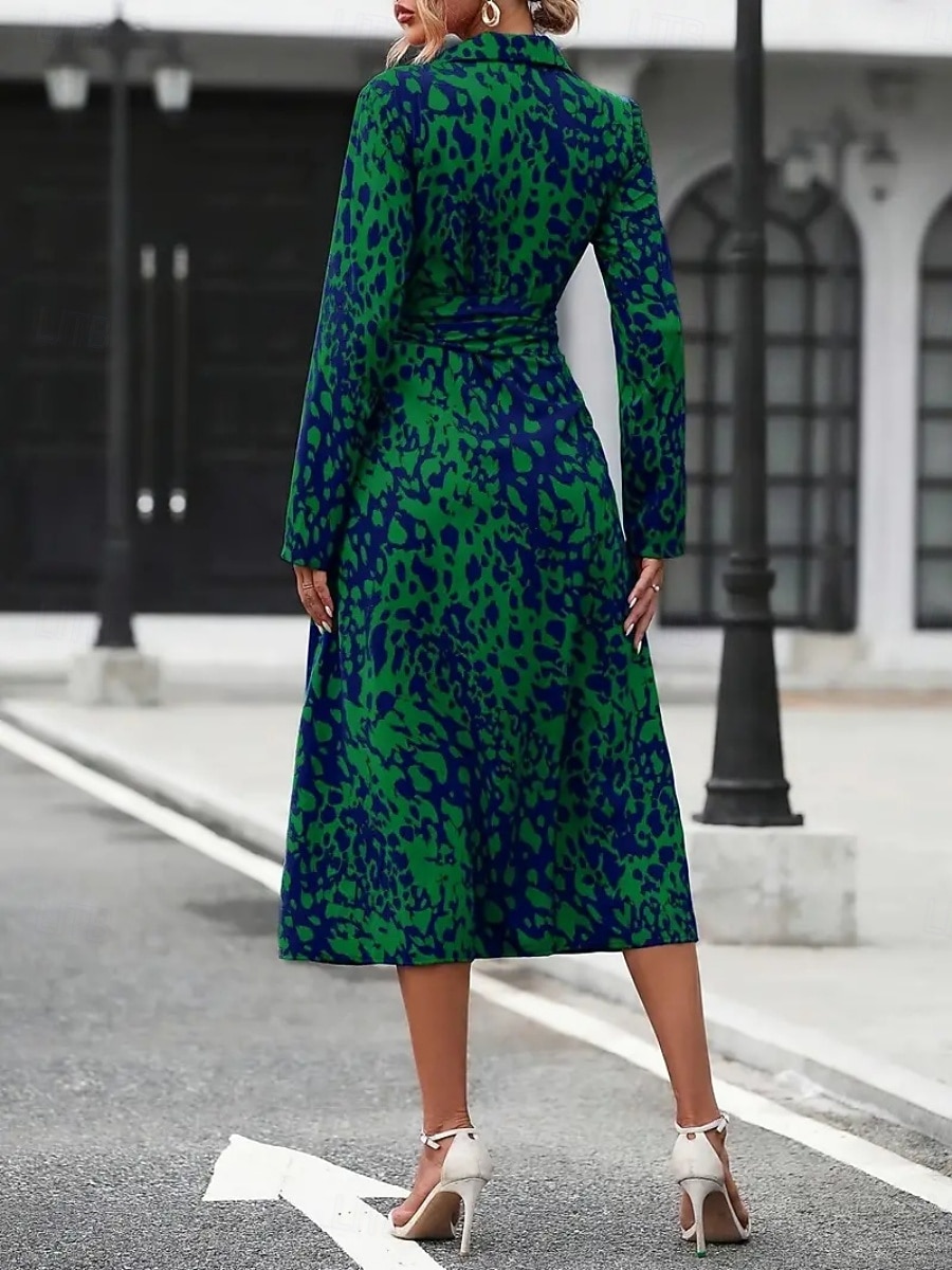 Women's Midi Dress A Line Dress Summer Dress Casual Daily Regular Fit Graphic Leopard Long Sleeve Lapel Navy Fuchsia Green Spring 2026 - $34.99 –P5
