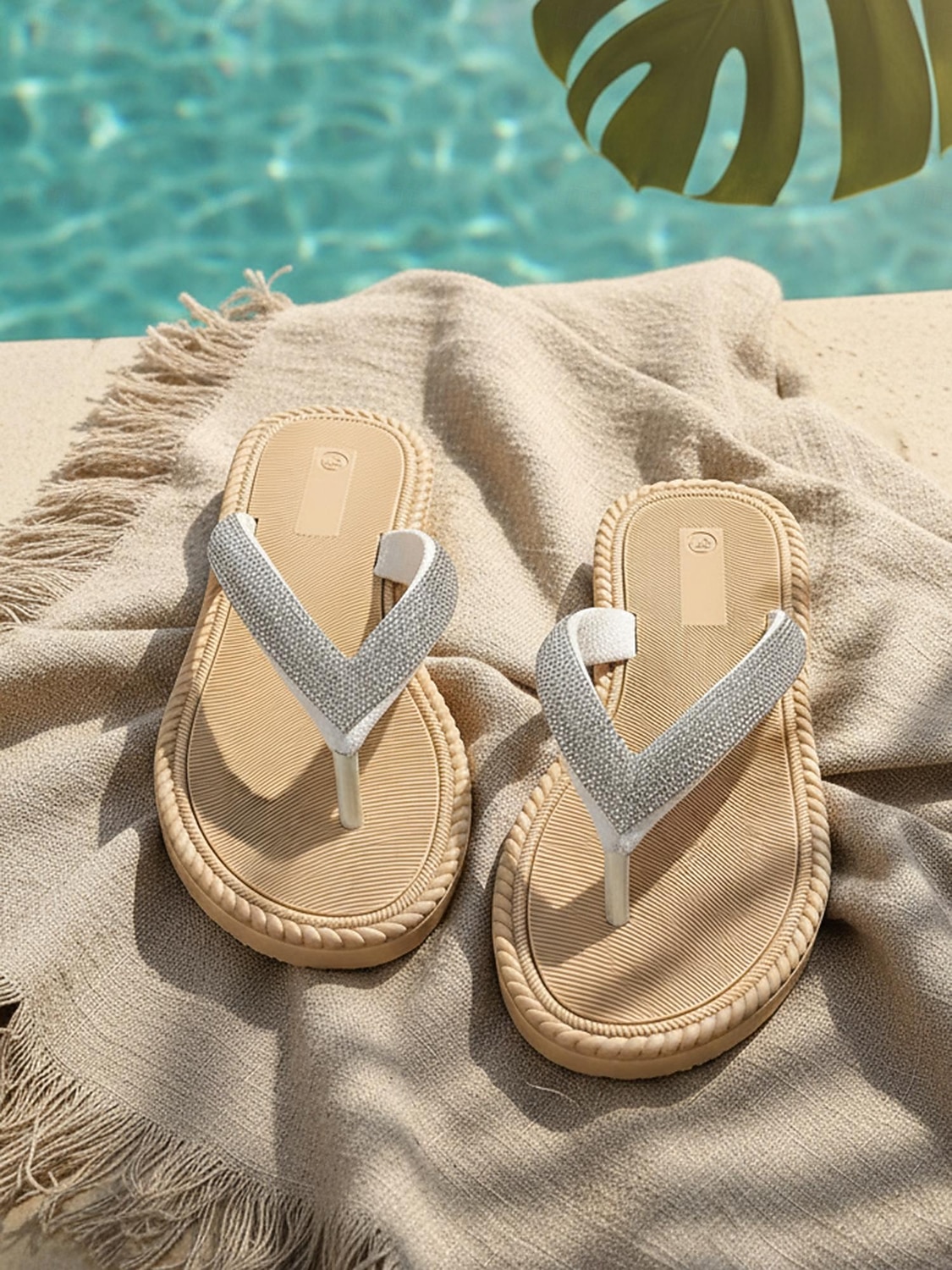 infradito da donna con strass scintillanti: comodi sandali bassi con suola in corda intrecciata, calzature estive casual per piscina, spiaggia e vacanze del 2026 a $18.99 –P7