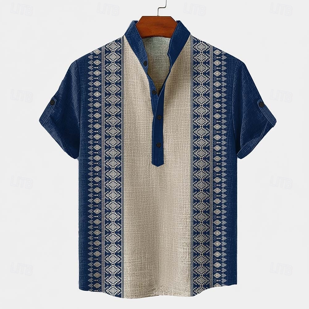 Per uomo Motivo Geometrico Tribale Etnico Camicia Camicia button-down Manica Corta Vintage Retrò Ferie Casual Quotidiano Estate Primavera Colletto Mao Colletto Henley Stampa 3D Camicia tipo lino Blu del 2026 a $25.99 –P1