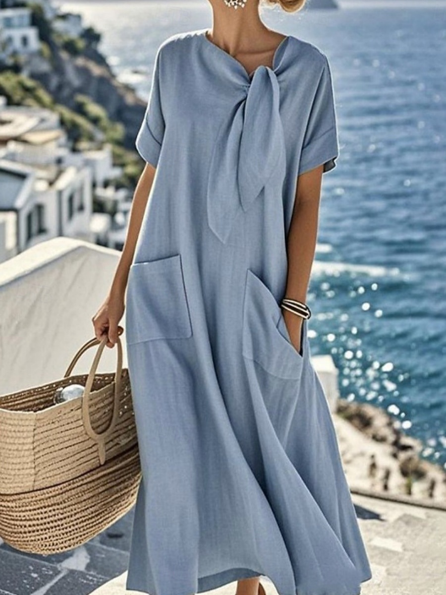 Femmes Robe maxi Robe trapèze Robe d'été Occasionnel Quotidien Coupe Ample Uni Manche Courte Col en V Bleu Marron clair Marron Vert Véronèse Été de 2026 ? $34.99 –P1