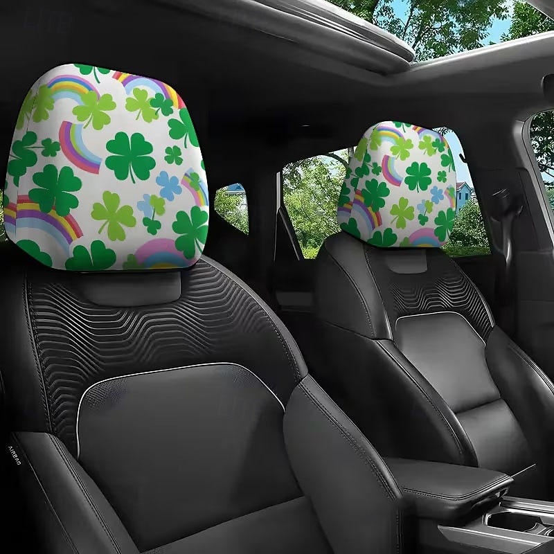 2 capas de encosto de cabeça para carro com trevo verde | compatíveis com todos os veículos, pretas &Adesivo para carro com estampa de trevo verde, design plano 2D, poliéster, fácil instalação - de 2026 por $7.99 –P9