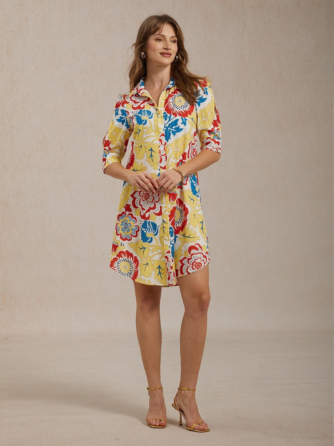 Vacation Satin Yellow Floral Print Shirt Mini Dress 2026 - $91.99 –P5