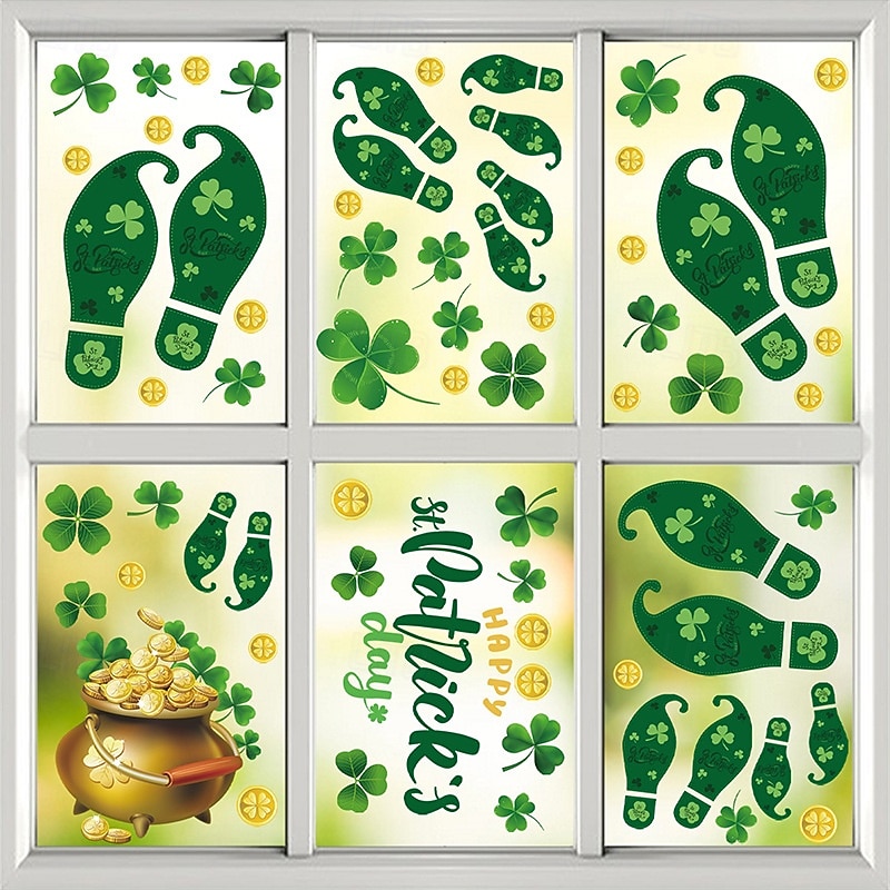 9 feuilles d'autocollants pour fenêtre sur le thème de la Saint-Patrick : trèfles, empreintes de chaussures de lutin, pièces d'or (autocollants statiques), décorations pour vitres sur le thème d'une de 2026 ? $10.99 –P6