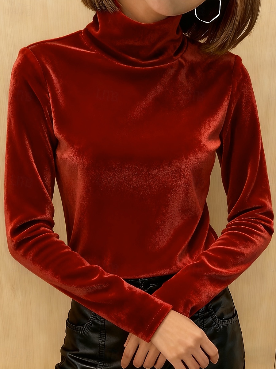 Damen T-Shirt Druck Gestuft Einfarbig Grafik Elegant Vintage Mode Langarm Rollkragen Normale Oberteile Täglich Ausgehen Wochenende Wein Königsblau Purpur Gold Grün Herbst Winter 2026 - $26.99 –P1