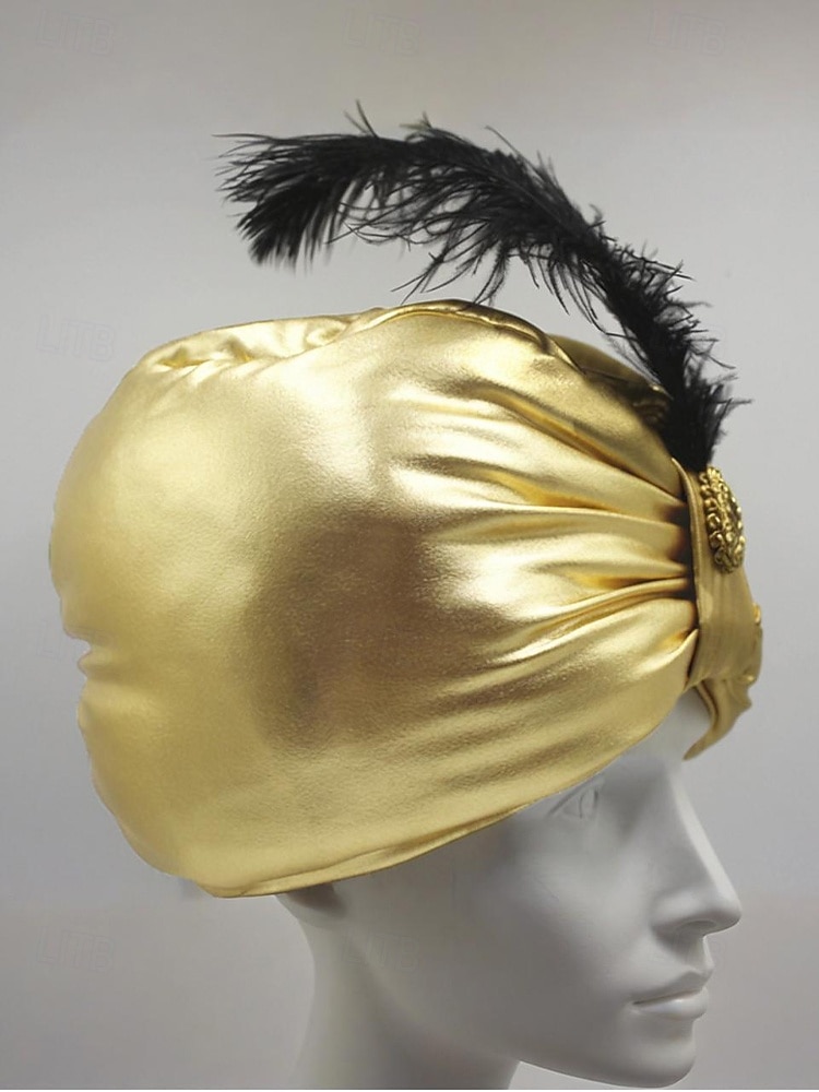 Pánský zlatý metalický polyesterový klobouk na Mardi Gras s peřím a broží - princ sultán nebo arabská pokrývka hlavy pro karneval a maškarní akce 2026 - $14.99 –P4