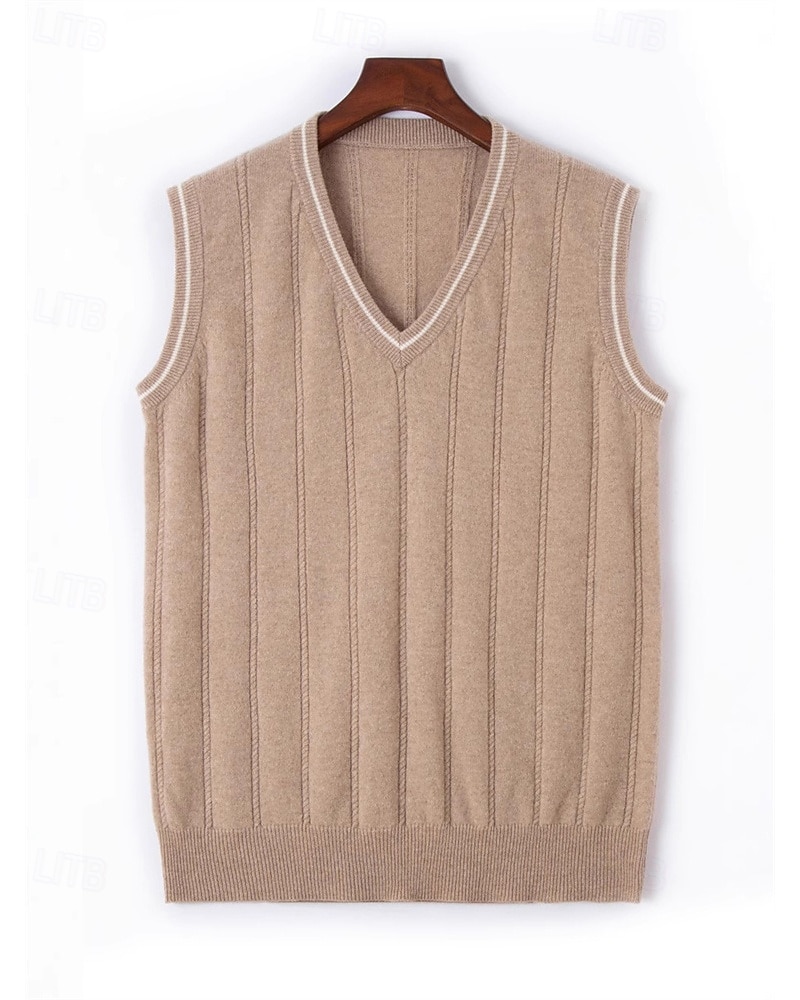 Miesten Neulepusero Mekko villapaita Liivi Neulottu villapaita Joustin Neuloa Tavalliset topit Kudottu Väripalikka V kaula-aukko Muoti Katutyyli liiketoiminta Loma Vaatetus Hihaton Syksy Talvi Kameli 2026 - $103.99 –P3