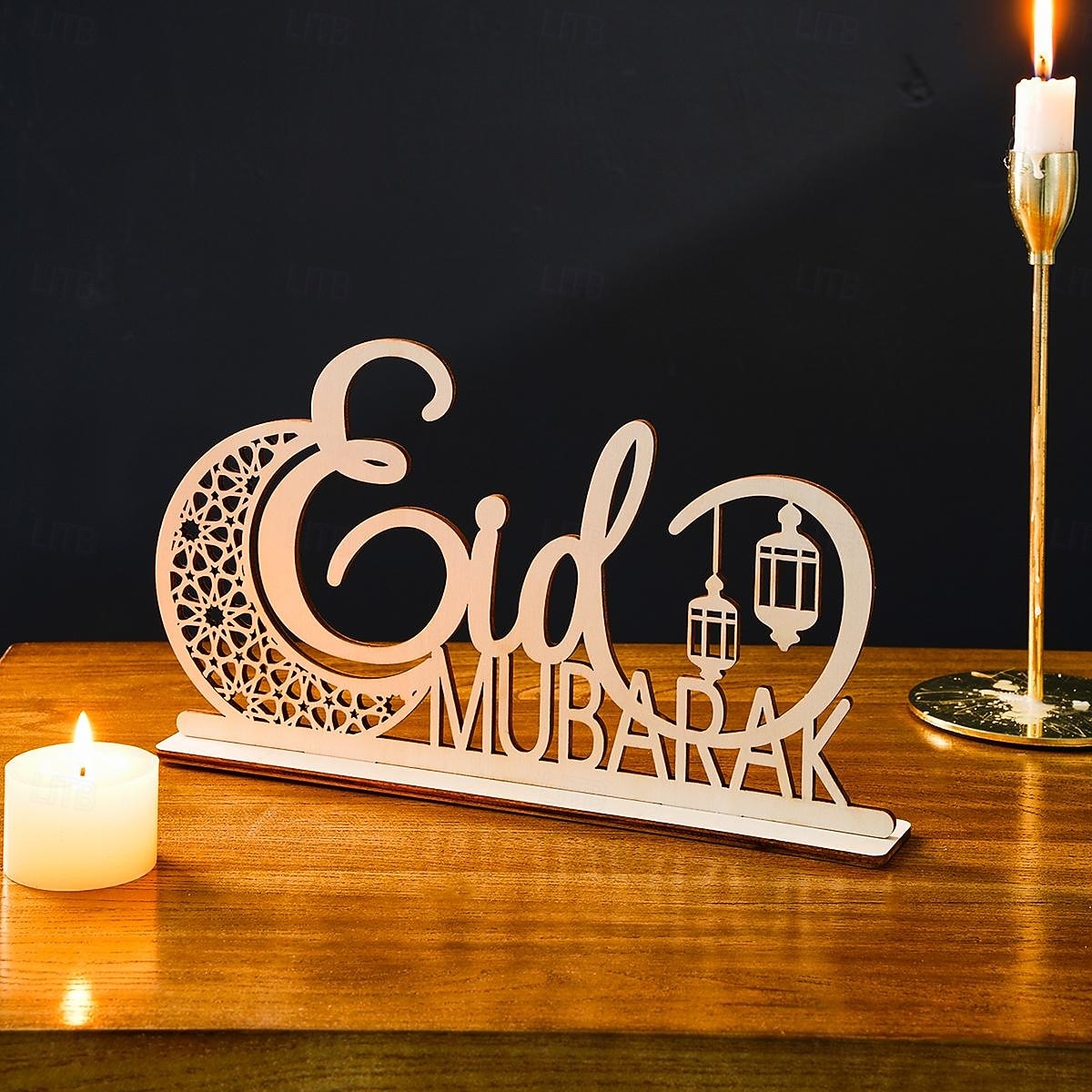 drewniana, pusta dekoracja z motywem księżyca i literą „mubarak” na ramadan i eid – złoty lustrzany akcent, idealna na ramadan, islamskie dekoracje świąteczne i domowe przyjęcia 2026 - $15.99 –P10