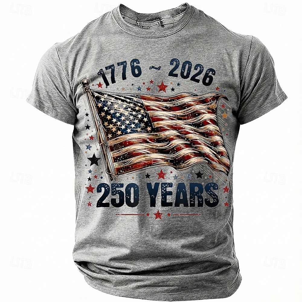 4 iulie 2026 250 de ani de Ziua Memoriei Tricou pentru bărbați cu imprimeu 3D Steagul SUA cu guler rotund și mânecă scurtă Daily Stradă 2026 - $8.99 –P1