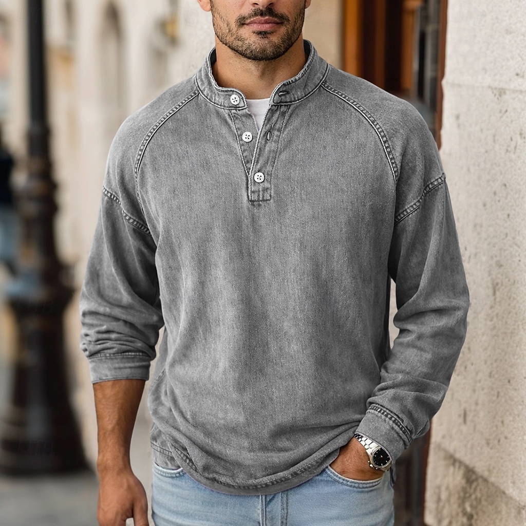 Camiseta SoftFade™ para hombres camiseta Henley 100% algodón camisa de lavado ácido camiseta camiseta de manga larga cuello de pie Henley primavera otoño simple vintage moda callejera casual teñida 2026 - $31.99 –P7