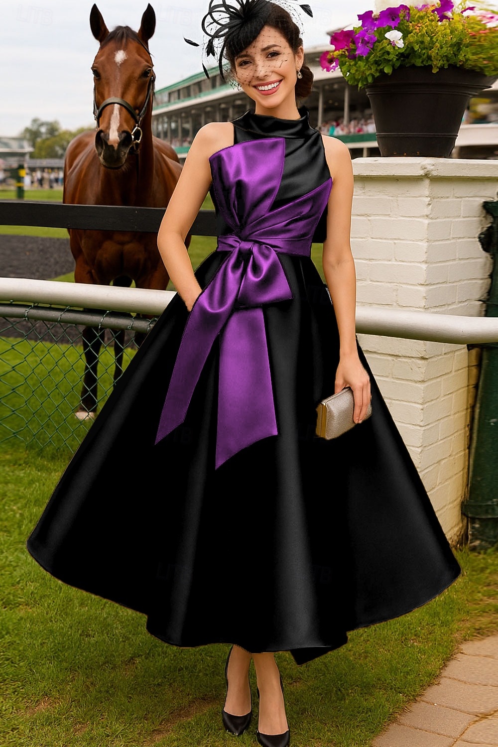 Linia -A Lungime Gleznă Rochie Derby Rochie Mama Miresei Fără manșon Stil Nautic Gât Înalt Elegant Kentucky Derby Satin cu Arc Bloc Culoare 2026 - $142.99 –P4