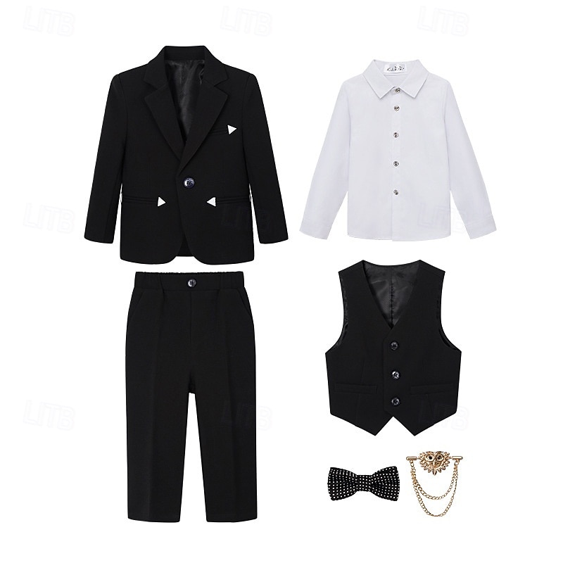 Costume de garçon d'honneur 6 pièces avec blazer &gilet & pantalon  & chemise  &Costume garçon avec cravate, élégant et décontracté, idéal pour les fêtes en extérieur. Couleur unie, noir, kaki, gris, de 2026 ? $77.99 –P6