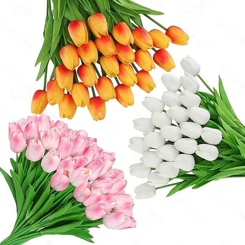 باقة زهور توليب صناعية واقعية مكونة من 22 قطعة - زهور توليب صناعية وردية وبيضاء بسيقان خضراء مصنوعة من الراتنج/البلاستيك لتزيين حفلات الزفاف والمنازل والمكاتب - قطعة مركزية واقعية للطاولة سهلة الصيانة 2026 - $25.99 –P1
