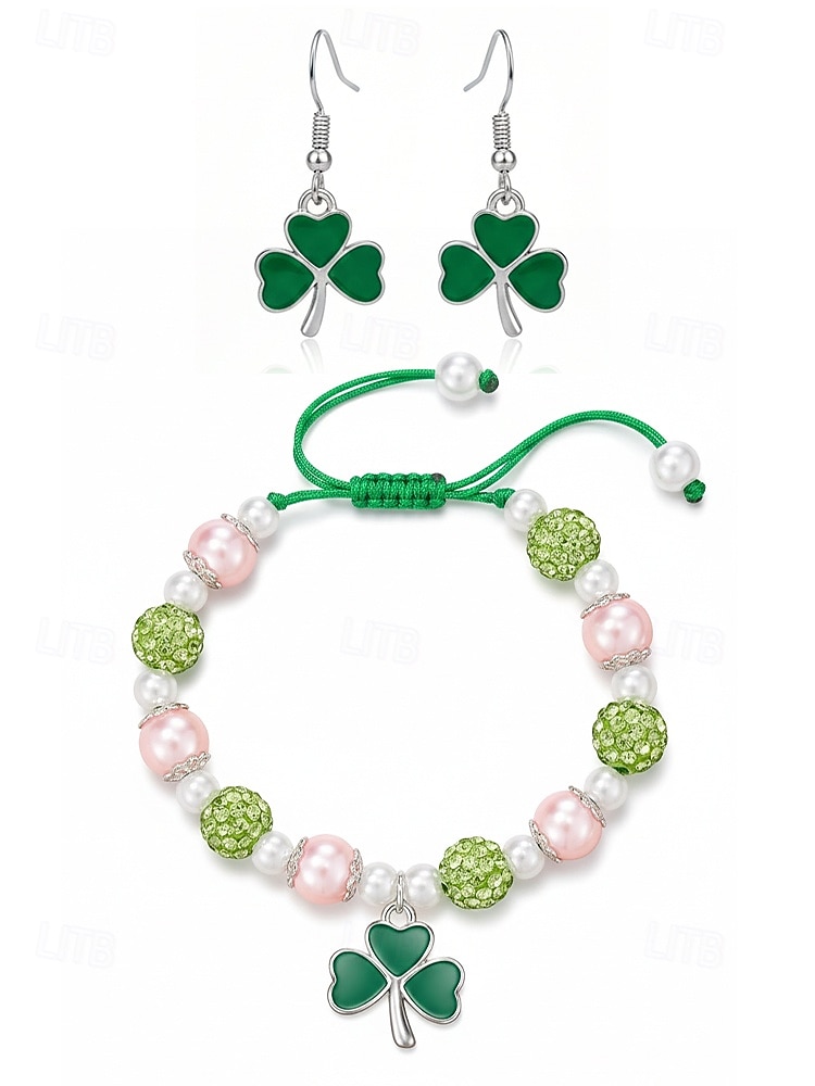 Set med shamrockarmband och örhängen i legering och akryl för kvinnor, gröna och vita pärlor, perfekt för St. Patricks dag och vardagsbruk 2026 - $11.99 –P8
