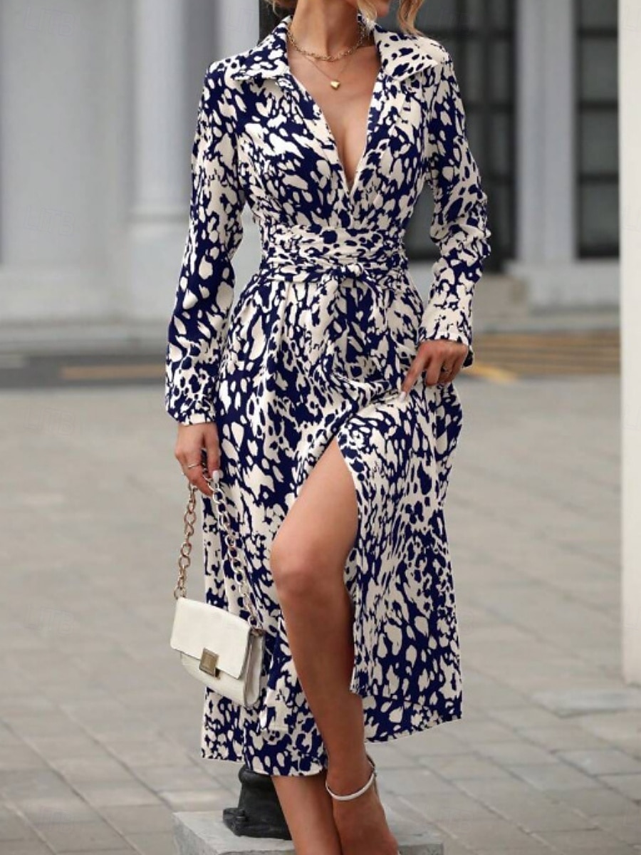 Women's Midi Dress A Line Dress Summer Dress Casual Daily Regular Fit Graphic Leopard Long Sleeve Lapel Navy Fuchsia Green Spring 2026 - $34.99 –P7