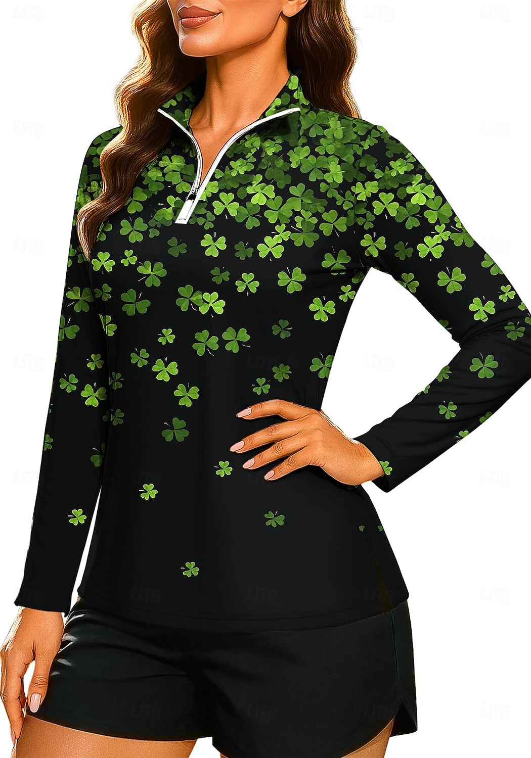 Saint Patrick Femmes Dégradé Trèfle Sweat-shirt Sweat-shirt polo Hauts Chemise manche longue Fermeture éclair Imprimé Quart de zip UPF50+ Résistant aux UV Élastique Respirant Volley-ball Tennis Le de 2026 ? $25.99 –P1